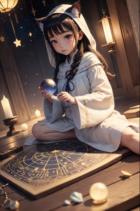 ​masterpiece、ultra-quality、An ultra-high picture quality、Super delicate and detailed illustrations、３Ｄ、girl with、solo、3 age old、Soap Hood、This illustration is、It depicts the moment when a maiden of the cat-eared tribe fails during her divination training。Sh...