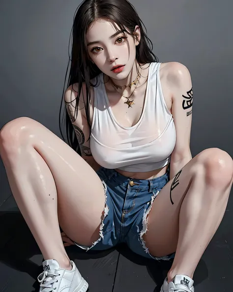 (NSFW:0.7), Perfect Style, Beautiful Face, Highly detailed face and skin texture, (Maximum resolution: 1.2), 1 female,Hip Up, jewelry, (((Has a lot of tattoos all over his body)), Streetwear, Sports Bra, Golden Hair, Shorts, sneakers, (((Narrow waist))), (...