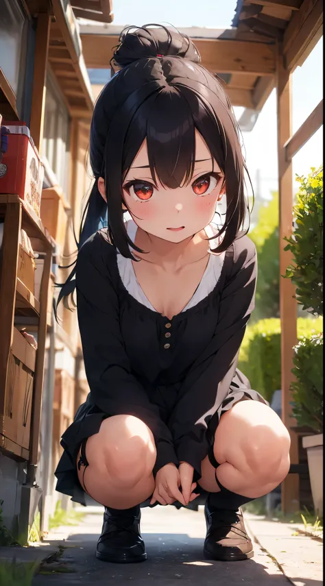 girl with, solo, gothic dress, Rut, Lusting、Kupaa、Perverted look、poneyTail、Thigh strap, Long sleeves, Black shirt、skirt rift、Pubic hair shows through、Beautiful naked pubic hair ,more_Details:1.5, More and more_Details:1.9、 Squatting, Looking Down from Belo...