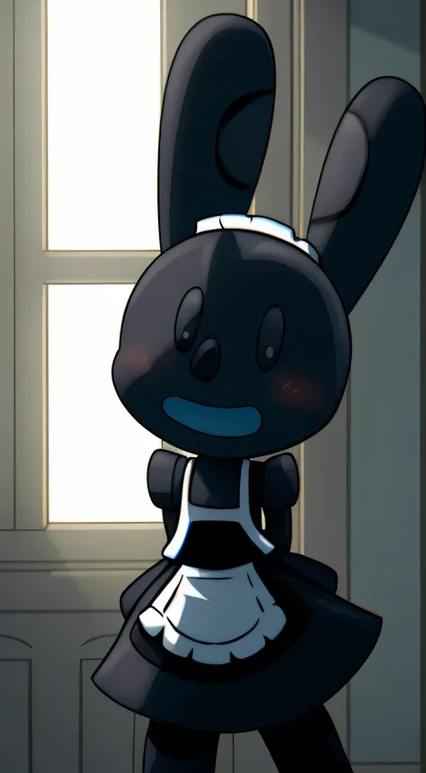 oswald, armless, missing weapons, no weapons, black eyes, big and wide mouth, like, there are white dots on the ears, whole body...