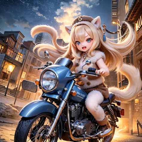 (highest quality,High resolution:1.2),shiba inu girls,Adorable chibi style,Vibrant colors,Fantasy Landscape,Riding on motorcycle,Magical Environment,Shining Star,The wind that makes your hair flutter,Expression of joy,Amazing adventure,A playful atmosphere...