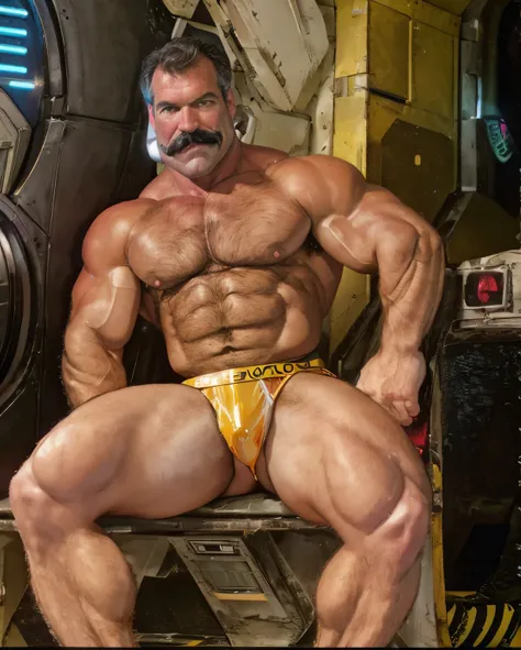 full body portrait, strong burly hairy mature older man(space captain), wearing futuristic captains uniform insignia (neon and black) (open and revealing) (latex) , gray hair, broad shoulders, round belly, thick feet, bulging micro thong, barefoot, scifi s...