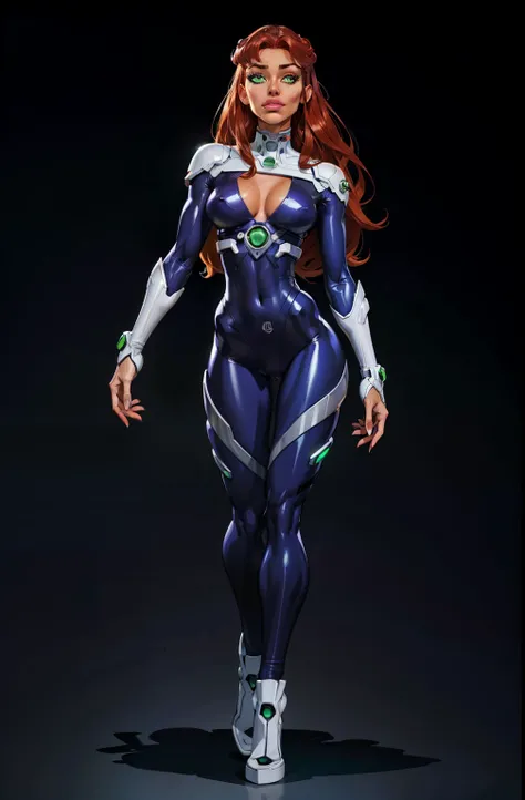 full body, standing on her feet, futuristic background, sexy appearance, starfire, red hair, ((orange skin)), makeup, (purple suit), mascara, long hair, beautiful eyes, large iris, ((green eyes)), Lips are soft or colored, simple black background, simple c...