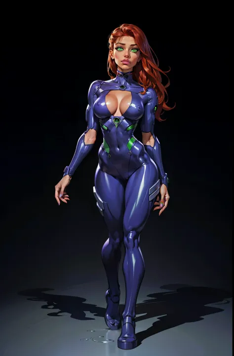 full body, standing on her feet, futuristic background, sexy appearance, starfire, red hair, ((orange skin)), makeup, (purple suit), mascara, long hair, beautiful eyes, large iris, ((green eyes)), Lips are soft or colored, simple black background, simple c...