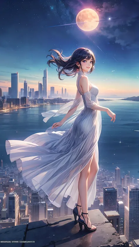 best quality, (full body, shot from far away, from side), a beautiful woman standing on the edge of a skyscaper, wearing a fashionable dress, anime illustration style by artgerm and gerald brom, visible city skyline, vibrant