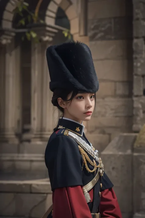 (higher resolution), british guards의 털모자와 옷을 입은 아라페드 여성, british guards, No makeup , without makeup, portrait of a girl, Profile picture, Use Instagram Filters, Subtle soft and dim light, perfect face, julia sardinian, 💂🏻, Buckingham, 