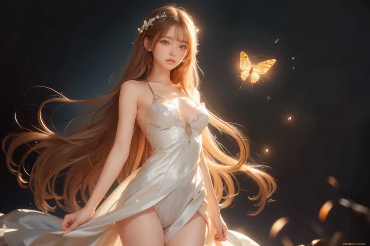 1 girl, masterpiece, very detailed, ((cinematic lighting)), (shine), ((dramatic lighting)), ((beautiful delicate shine)), intricate details, Lens flare, blonde, long hair, colorful dresses, butterfly hair ornament, butterfly, (particles of light), turn you...