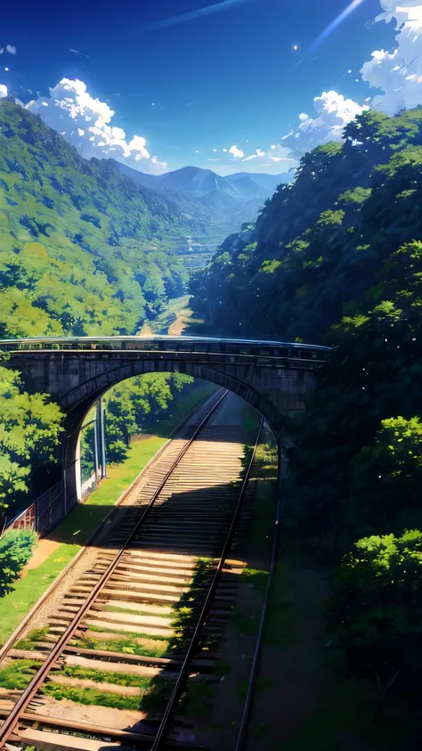 anime scene of a bridge with a train crossing over it, anime movie background, beautiful anime scene, beautiful anime scenery, anime scenery, anime scene, anime screencaps, anime screencap, anime background art, style of red line anime movie, colorful anim...