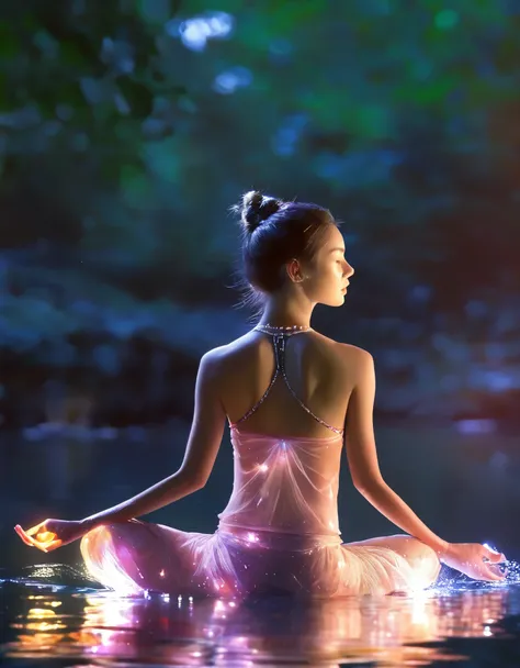 1girl，beautiful，anatomically correct，blingbling，Motion blurred，triangle，Movie-level lighting effects，lotus pose,  on the water, reflection，body glow，Glowing Line,Glow Example，Tracking example，flash， Backlight，translucent，light particles