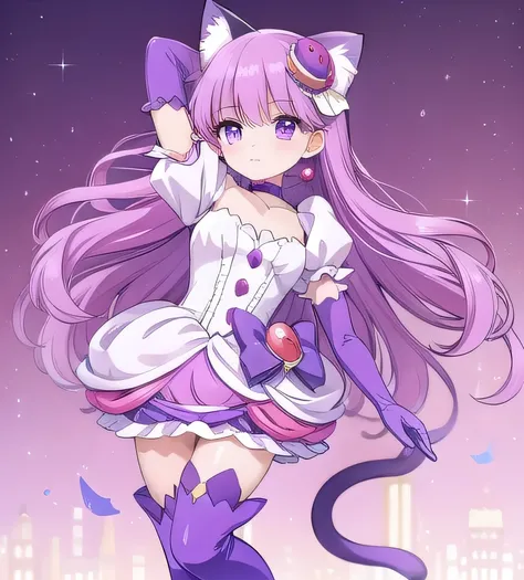 cure macaron,cat ears, purple thigh boots, macaron hair ornament, puffy short sleeves, elbow gloves, purple choker