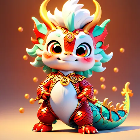 Surrounded by elements of the birthday dragon, a teenager dons a traditional Chinese costume, embodying a cute 3D rendering in vibrant colors. The vinyl toy figurine of the dragon prototype stands next to him, intricately detailed with scales that glisten ...