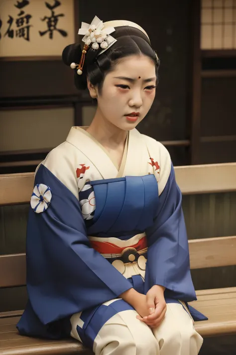 Kioto, 1935. A young ((((15-year-old)) Hatsumiyo)), round face, chubby cheeks, skinny figure, kind, gentle, sitting on a street bench, ((((crying)))), ((((geisha girl clothings from the 1930s)))), ((geisha hairstyle of the 1930s)), color