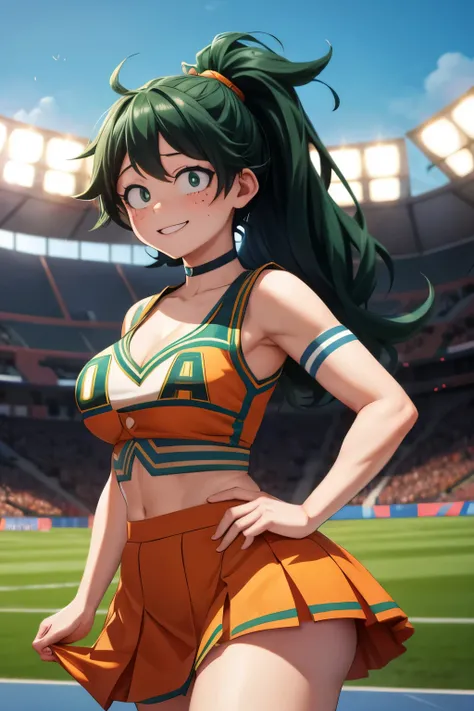 maximum quality, intrincate details, female Izuku Midoriya, long hair reaching the middle of her back, big breasts, big hips, provocative pose, sexual body, sexual smile, light blush, looking at viewer, keeping eye contact, stadium in the background, U.A. ...