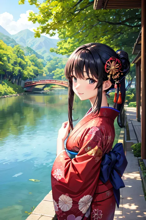 for anime,A beautiful woman in a Japanese kimono is looking at the scenery by the river