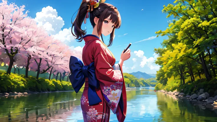 for anime,A beautiful woman in a Japanese kimono is looking at the scenery by the river