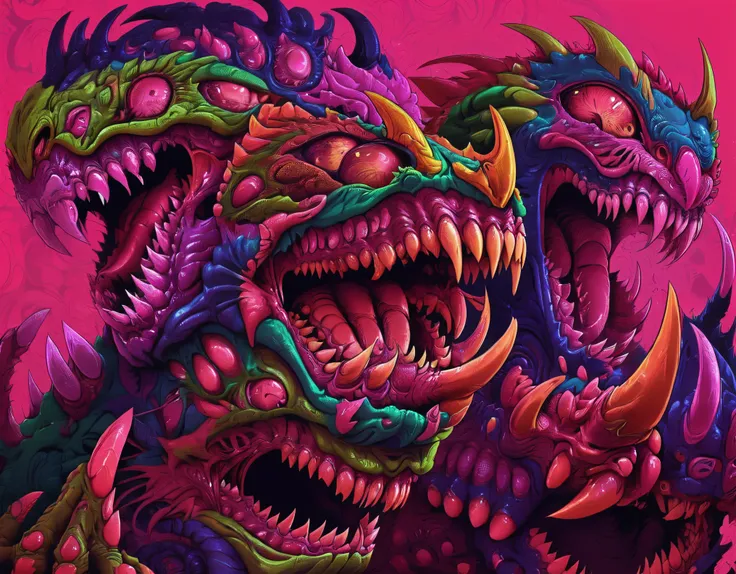 brho, hyperbeast, claws, sharp teeth, multiple different faces, pink green spiral background