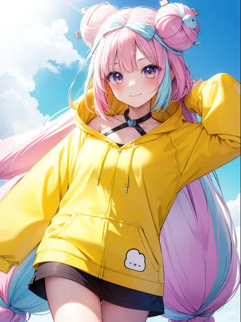 Nanjamo、Good looking girl (blush, Perfect Face), independent , Looking at the camera, masterpiece, Anime art style, Cute Characters, Most detailed, high quality、Nico Nico Smile、long bun hair、Yellow hoodie、Half blue and half pink hair