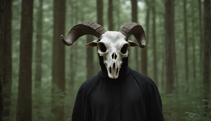 a human with lamb skull mask with lantern in dark forest, lamb head, baphonet, wizard, tall body, with lantern, forest at night, horror movie, ultra detailed, photorealistic, masterpiece.