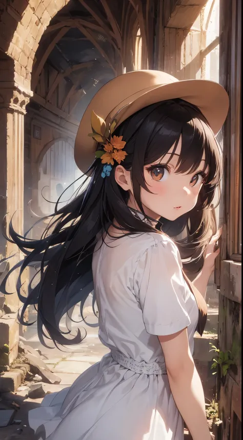 It depicts a young girl exploring traditional ruins in the Middle East。She is cute and has outstanding beauty.、It has a dainty and clear expression。She wears a white dress and brown vest.、I wear a pendant around my neck。Her hairstyle is long straight hair....