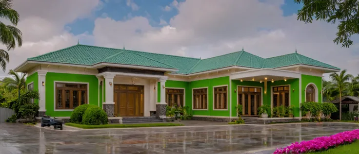 Raw photo,Masterpiece, high quality, best quality, authentic, super detail, exterior, outdoors, house style indochine, Many bougainvilleas along the road ,aiaigroup road,pavement, grass, trees, sky, cloud, (day:1.1), vivid colour ((green tile roof:1.3))