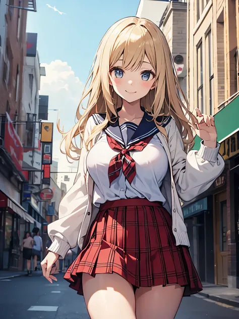 1 girl, Stroll around the city、blondeの女の子、Cowboy Shot、White Sailor Suit、Long sleeve、cardigan、Red Plaid Pleated Skirt、smile、blonde、Medium Long Hair、Big Breasts、Narrow waist、Thin thighs
