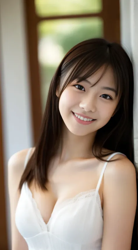 masterpiece,best quality,(Japanese ),((Beautiful girl)),cleavage,indoor,(perfect body beauty:1.2),(shy smile),beautiful teeth,