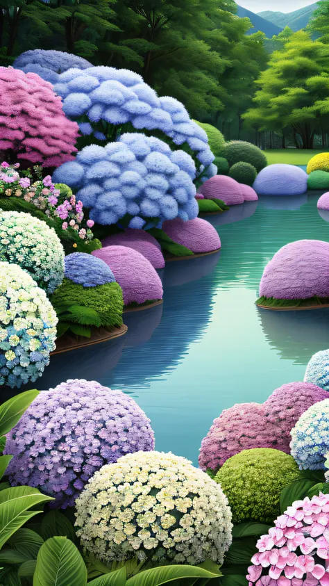 Hydrangea, garden, lake, Small hills, Pebble road, masterpiece, best quality, anatomically correct, High Detail, 8k, wallpaper