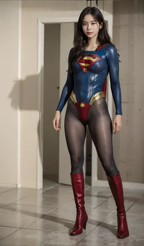 No background、(((Beautiful legs in black tights.)))、(((Legally express the beauty of your smile)))、((((Make the most of your original images)))、(((Supergirl Costume)))、(((Beautiful Hair)))、(((suffering)))、(((Please wear black tights....、Wear red boots)))、(...