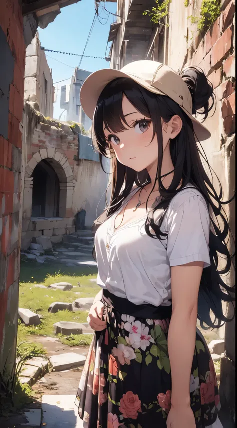 It depicts a young girl exploring traditional ruins in the Middle East。She is cute and has outstanding beauty.、It has a dainty and clear expression。She wears a white dress and brown vest.、I wear a pendant around my neck。Her hairstyle is long straight hair....