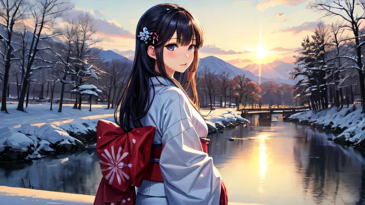 for anime,A beautiful woman in a Japanese kimono is looking at the scenery by the river,snow