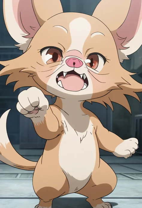 Chihuahua,The hair color is fawn&white,Huge Fangs,Menace Pose,Dropped ears,pink nose,Anime Style,cute