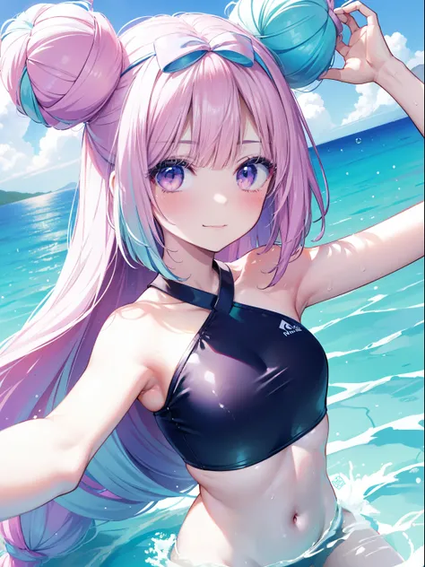 Nanjamo、Good looking girl (blush, Perfect Face), independent , Looking at the camera, masterpiece, Anime art style, Cute Characters, Most detailed, high quality、Nico Nico Smile、long bun hair、、Half blue and half pink hair、Showing armpits、Swimwear