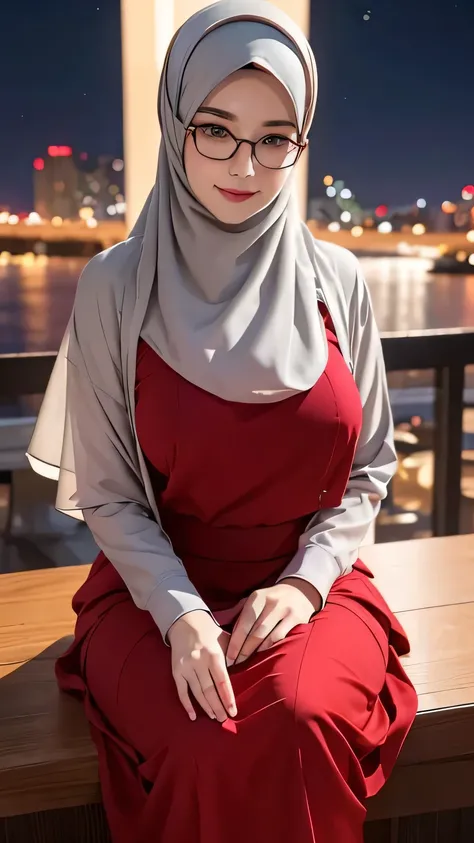 masterpiece, best quality, mature, skyline movie poster, ray tracing, night, hijab mature woman, red skirt dress, big breast, glasses, shiny, crossed-leg, close up