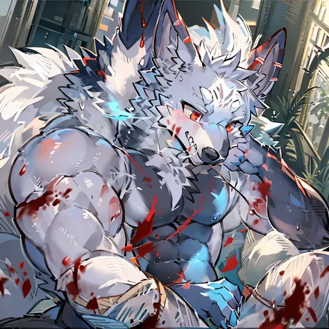 person only, furry, It&#39;s a living thing., male white wolf, blue fur, blue tail, white ears, blood red eyes, red cover, muscle, man, handsome, (The furry feeling of animal ears)