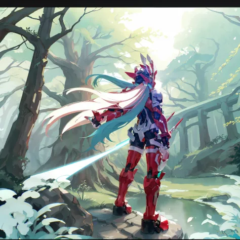 megzeromyth2023, 1boy, long white hair, red armor, green energy sword, high quality, masterpiece, standing next to a swamp and castle surrounded by mist, 1boy, outdoors, weapon, male focus, tree, solo, from behind, holding weapon, bird, facing away, gun, s...