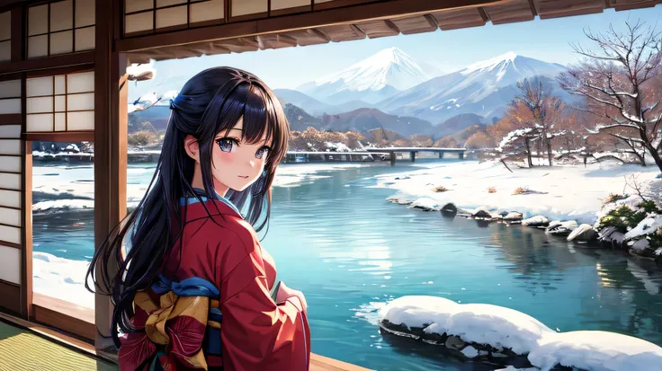 for anime,A beautiful woman in a Japanese kimono is looking at the scenery by the river,snow