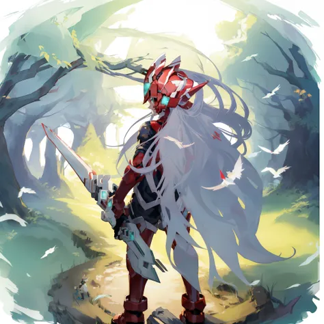 megzeromyth2023, 1boy, long white hair, red armor, green energy sword, high quality, masterpiece, standing next to a swamp and castle surrounded by mist, outdoors, male focus, tree, solo, from behind, holding weapon, bird, facing away, gun, scenery