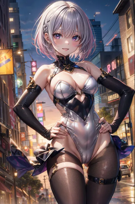 (((silver shining leotard))), 4 defined fingers, 1 defined thumb, looking at viewer, solo, 1 woman, 25 years old, AI generated, highest quality, masterpiece, skindentation, perfect face, 8k , cowboy shot, short hair, (pink hair1.5), bob cut, black eye, smi...