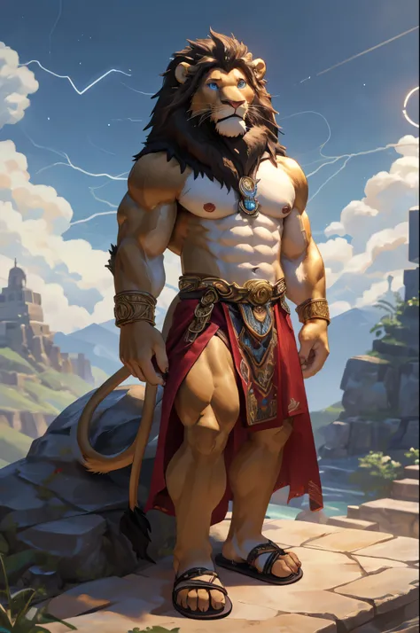 (((Barefoot furry character, full body, cinematic setting, furry male, plantigrade, wearing sandals))) 

(Zeus - King of the Gods) depicted as a majestic (((lion))) anthro with a muscular build, golden fur, and piercing blue eyes. He wears a regal white to...