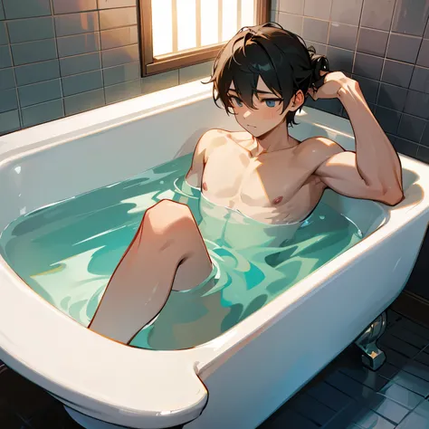 man soaking in bathtub 