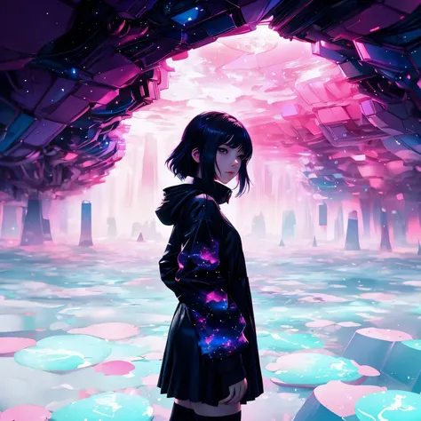 Anime girl in a black coat standing in front of a pink and blue background, Blurry dreamy illustration, Blurry dreamy illustration, Inspired by Alena Aenami, makoto shinkai cyril rolando, Just a joke, Inspired by Kilian Eng, style of alena aenami, Art by A...