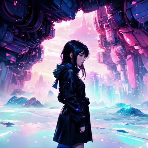 Anime girl in a black coat standing in front of a pink and blue background, Blurry dreamy illustration, Blurry dreamy illustration, Inspired by Alena Aenami, makoto shinkai cyril rolando, Just a joke, Inspired by Kilian Eng, style of alena aenami, Art by A...