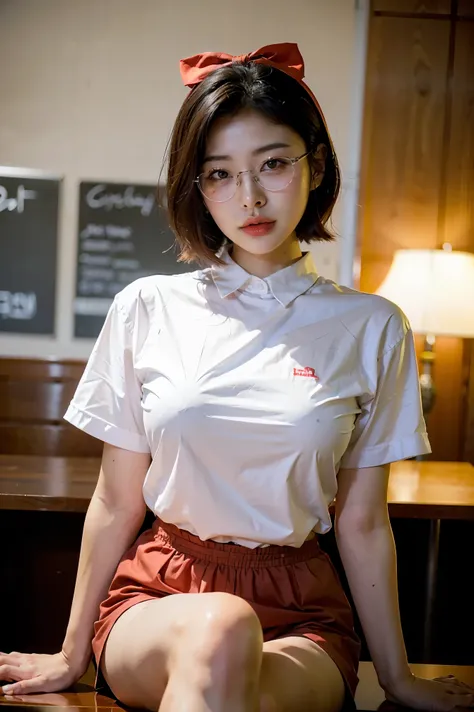 A photo of a young, nerdy woman sitting in a caf, wearing a white shirt and a bow, surrounded by a cozy atmosphere, looking at the viewer.
short hair, slender, red lips, transparent fabric, flirting with the camera