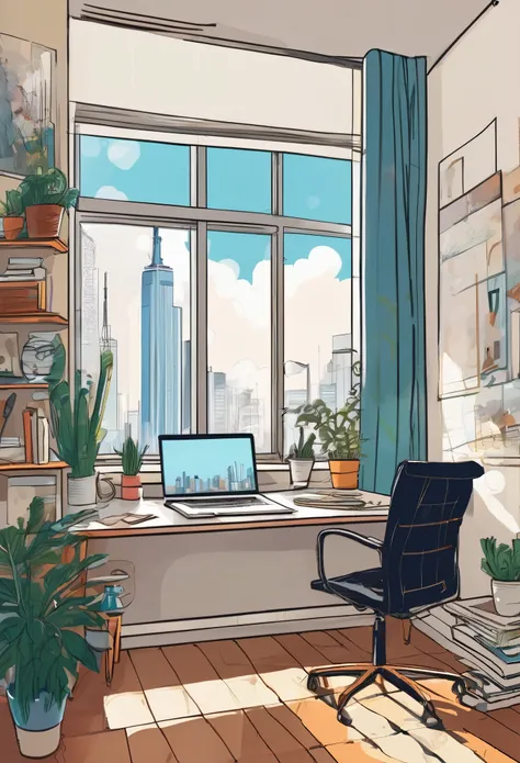 Illustration of a room overlooking the city, A room for a lively artist working hard, Details of the fine, comfortable, clean and tidy room