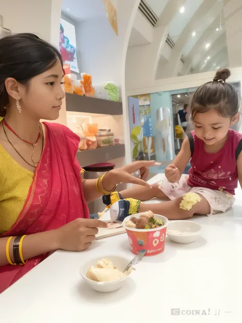 woman and  sitting at a table with bowls of food, eating ice - cream, eating ice cream, trending ，, tummy, kid, competition winning, candid photograph, artistic pose, taken with sony alpha 9, eating, in a mall, with a kid, taken with sony a7r camera, colou...