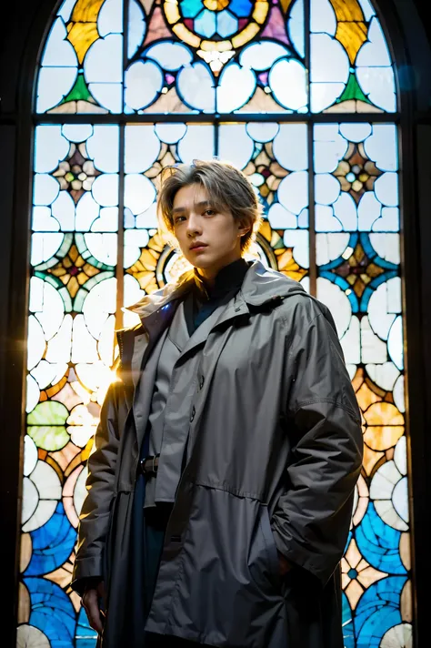 alhaitham (genshin impact), 1 male, (Solo:1.4), grey hair, standing in front of the stained glass window, dramatic sunset lighting