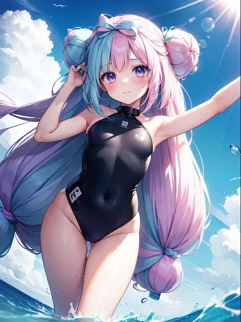 Nanjamo、Good looking girl (blush, Perfect Face), independent , Looking at the camera, masterpiece, Anime art style, Cute Characters, Most detailed, high quality、Nico Nico Smile、long bun hair、、Half blue and half pink hair、Showing armpits、Swimwear、Doing M-le...