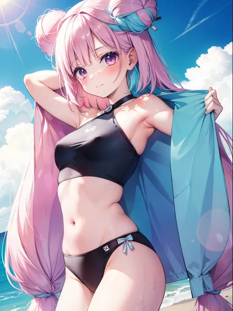 Nanjamo、Good looking girl (blush, Perfect Face), independent , Looking at the camera, masterpiece, Anime art style, Cute Characters, Most detailed, high quality、Nico Nico Smile、long bun hair、、Half blue and half pink hair、Showing armpits、Swimwear、Doing M-le...