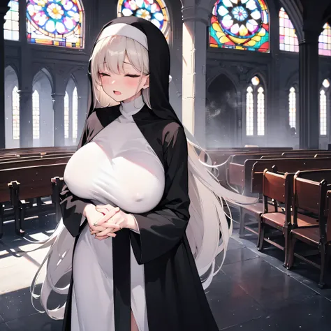 (solo:1.2), (1 praying skinny cute nun:1.3) standing in church, swinging back, (praying with holding hands together over chest:1.2), (tight sheer long black robe:1.6), narrow shoulders, (disproportionately gigantic breasts:1.3), (bursting perky breasts:1.3...