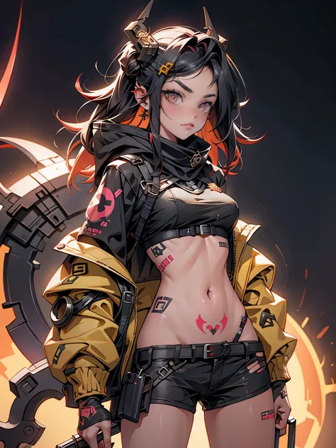 1girl,(cyberpunk), ((cowboy shot)),(( a huge big scythe, the size of half of the screen:1.3 )),solo, blonde braid hair, glowing red eyes,laugh fearlessly, leg tattoo, neck tattoo, large chest, black bra, thong, red pupils, skin fang, red eyes, black jacket...